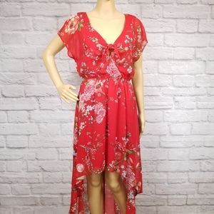 AUW Chiffan Red floral high low tie front dress